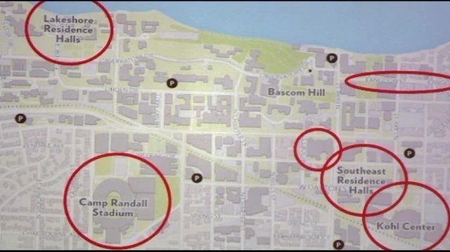 Campus map with a few areas circled, view larger