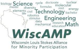 Wisc Amp logo with STEM related words in dark green color