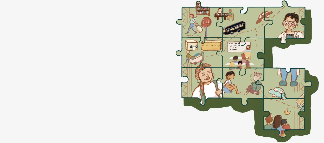 Puzzle pieces with illustrations of people going about their day such as a classroom setting and a bus and car going along a road.